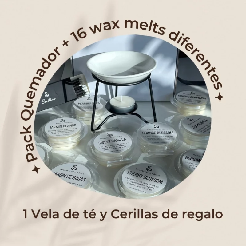 pack ahorro de quemador con 16 wax melts diferentes,ma1s una vela de te y caja de cerillas gratis