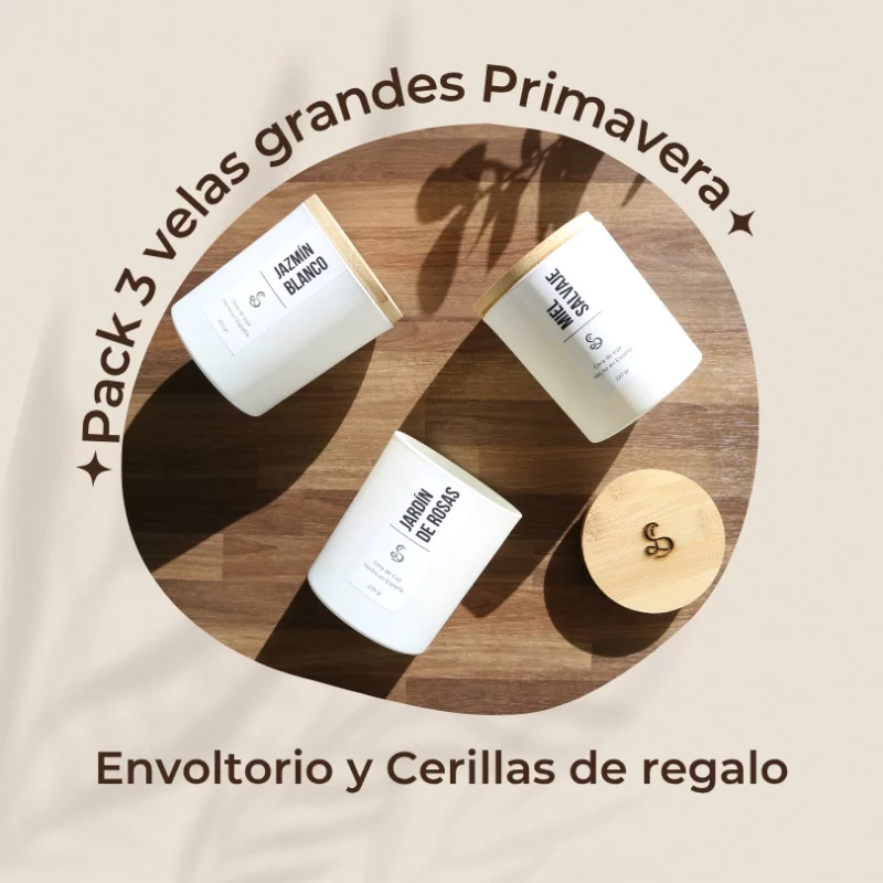 Pack ahorro de tres velas aromaticas con aromas de primavera: jazmin, rosas y miel.